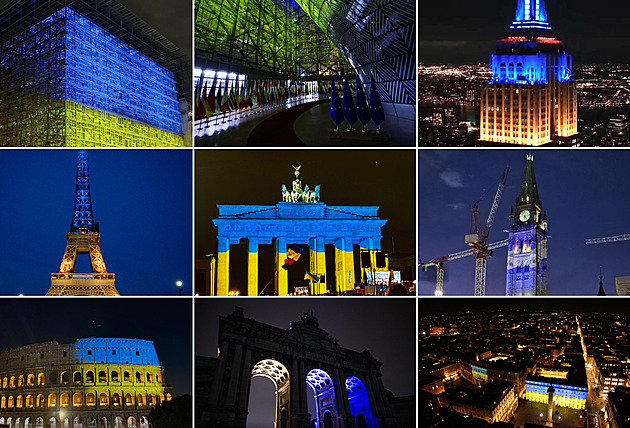 Budovy metropolí v ukrajinských barvách. Zelenskyj děkoval mnohým, Česku ale ne